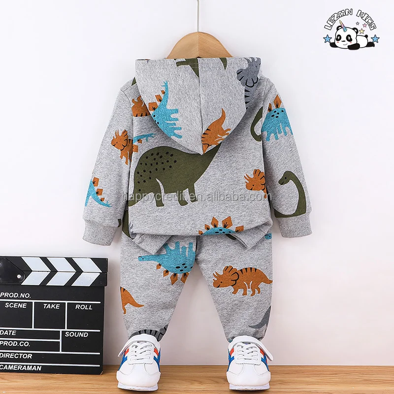 LEZONKIDS - Customizable Dinosaur Cartoon Printed Long Sleeve Pullover Hoodies Two Pieces Baby Boy Clothing Set in Autumn